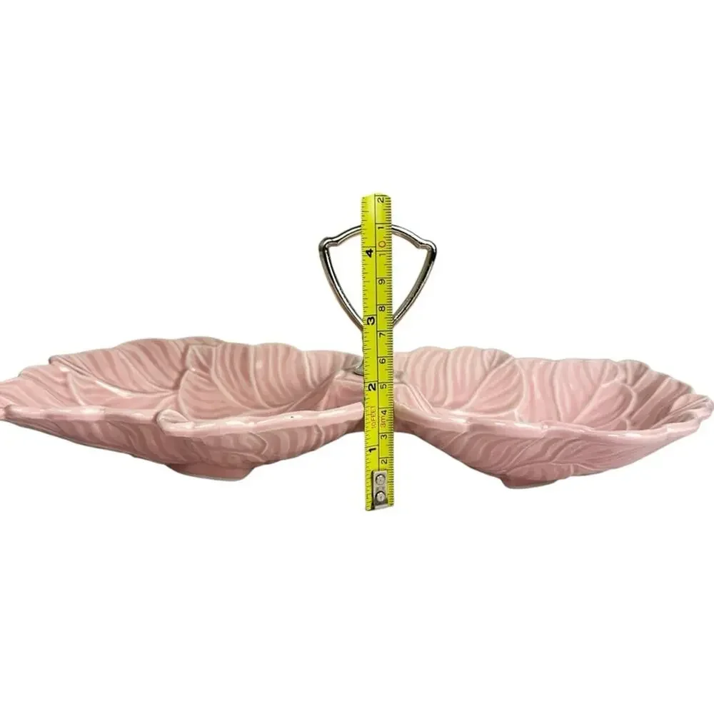 VTG MCM USA Candy Nut Dish Pink Pottery Leaves Handled Divided No 72